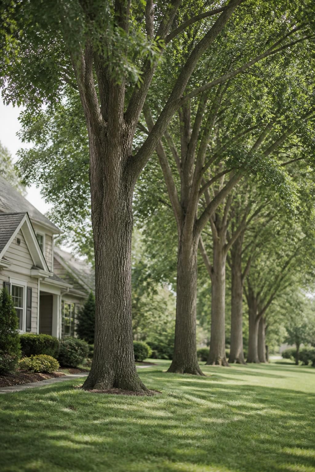 Well-maintained yard with neatly trimmed trees and clean landscaping.