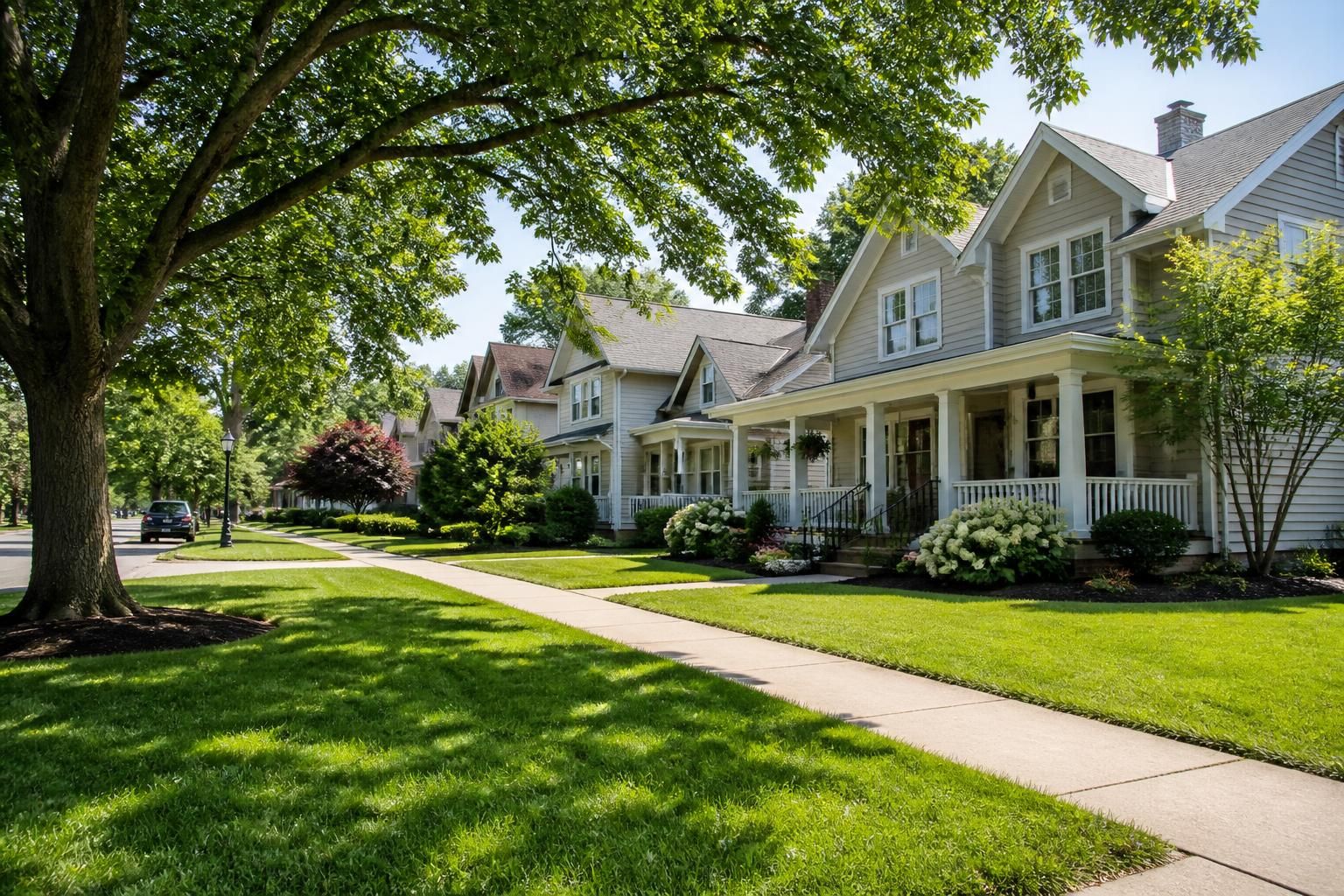 Suburban Clover street with mature shade trees.