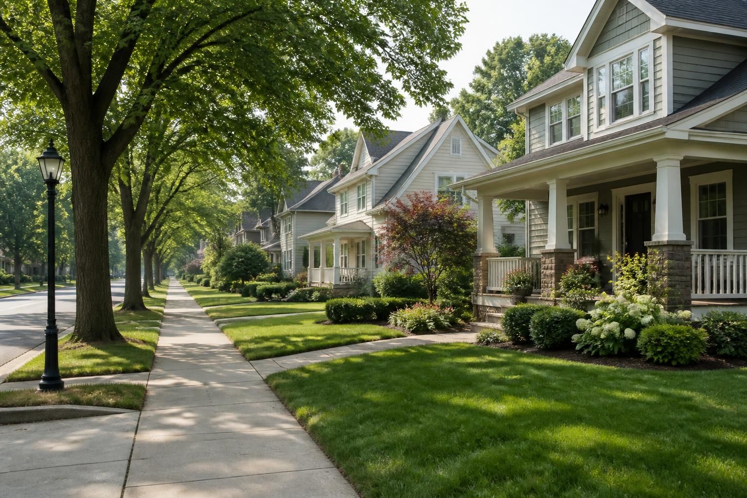 Lush India Hook neighborhood with clean sidewalks and homes.