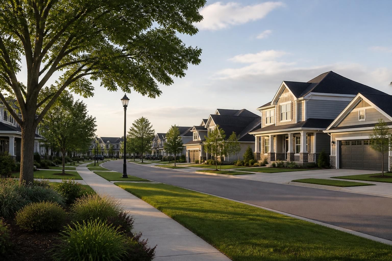 Modern Indian Land neighborhood with mature trees and maintained lawns.