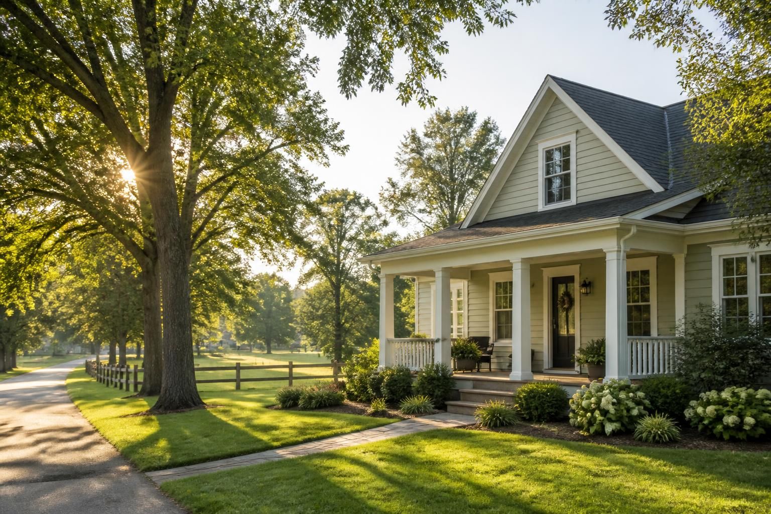 Tidy Newport home exterior with mature trees and open green space.