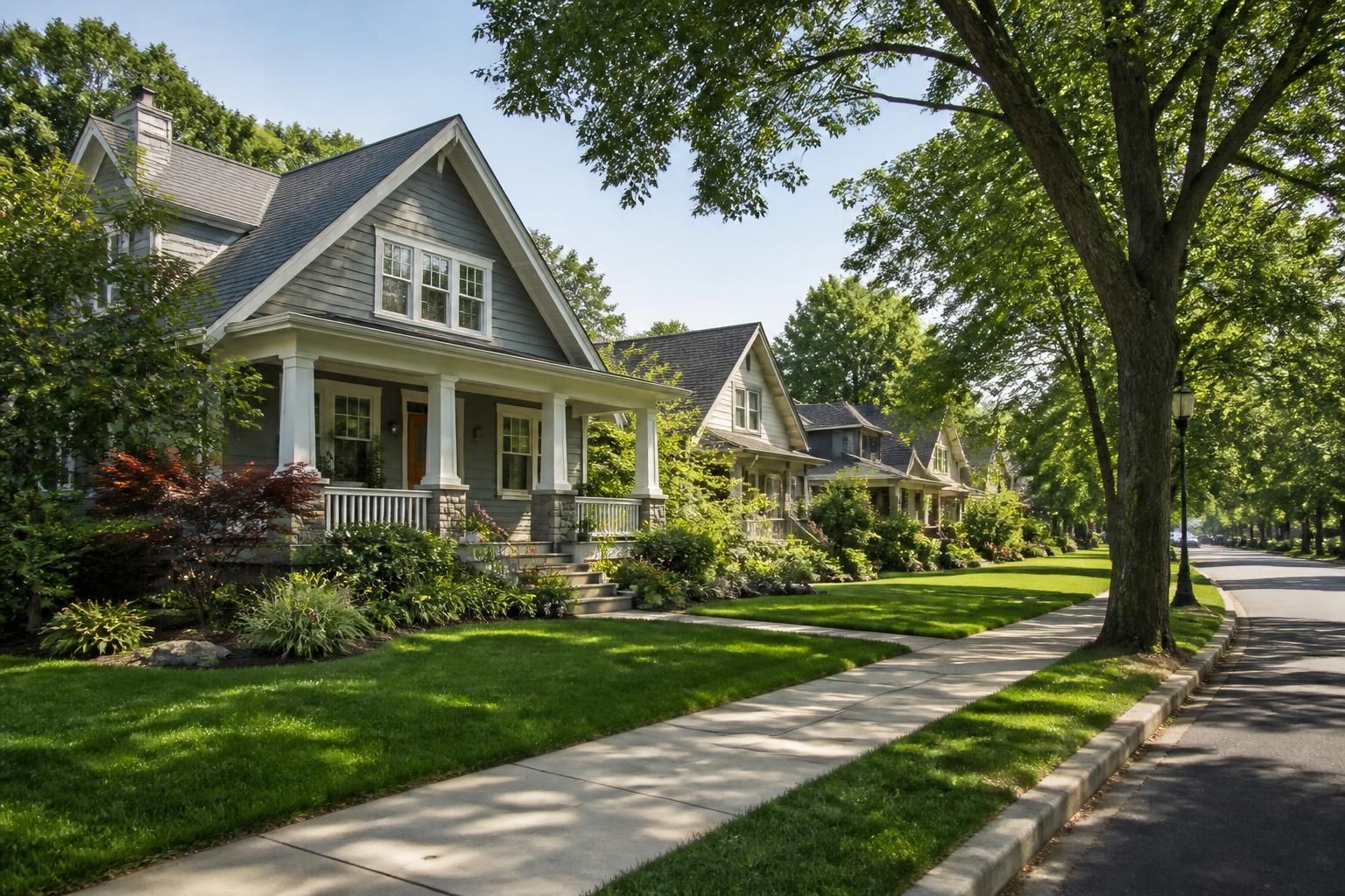 Tree-lined Pineville neighborhood with maintained yards.