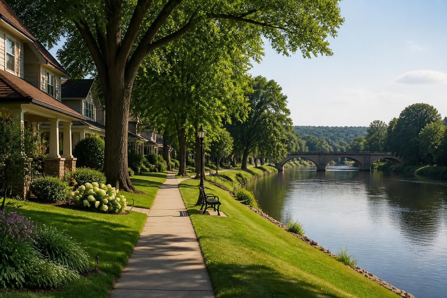 Peaceful Riverview neighborhood with healthy trees and neat lawns.