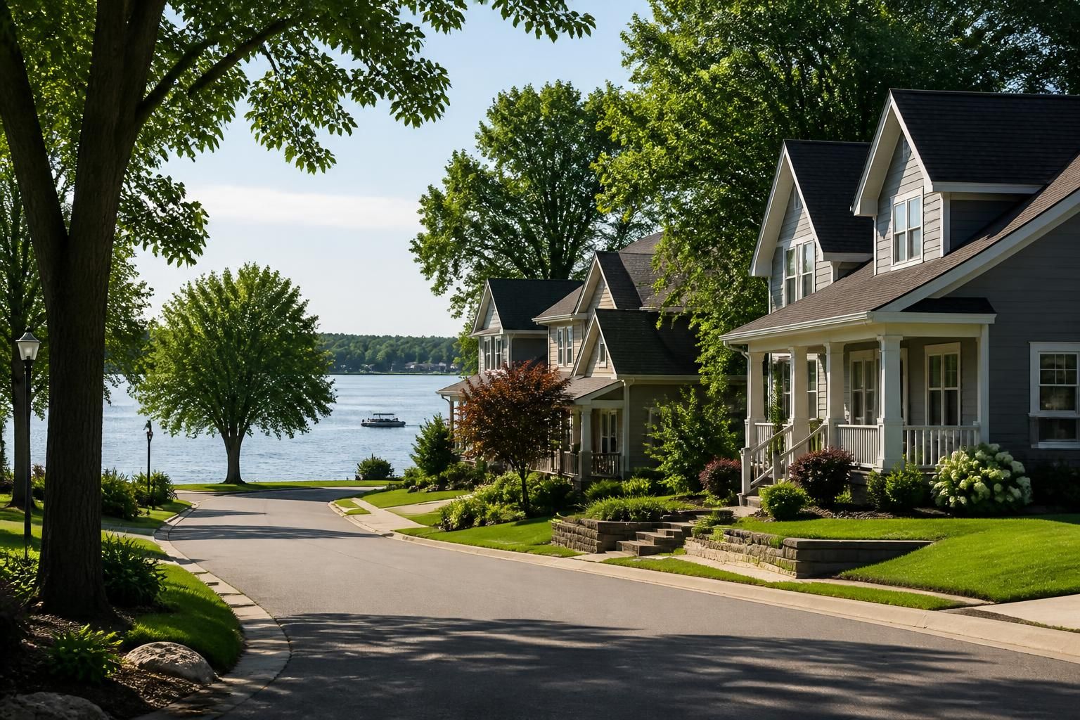 Peaceful Tega Cay neighborhood with mature trees and neat homes.
