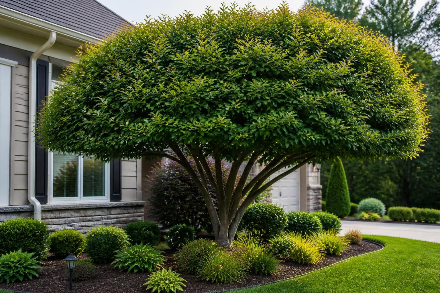 Neatly trimmed tree canopy over a clean yard.