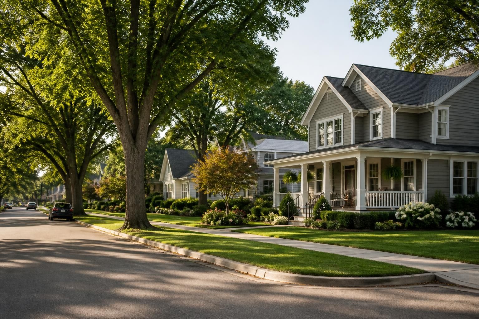 Small-town York neighborhood with mature trees and tidy homes.